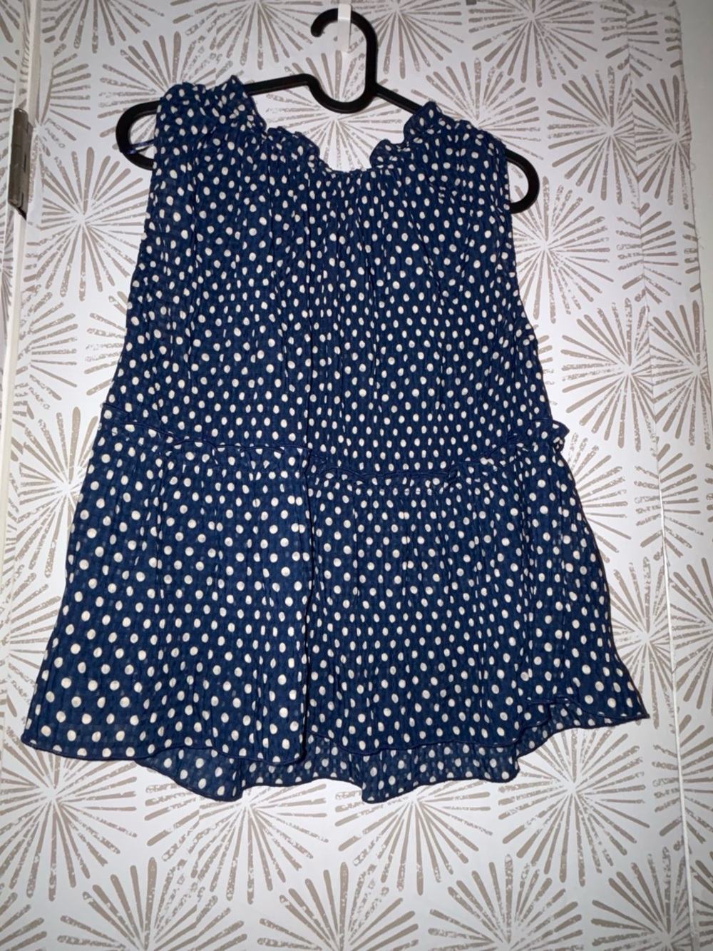 Navy Blue Polka Dot Sleeveless Ruffle Top
